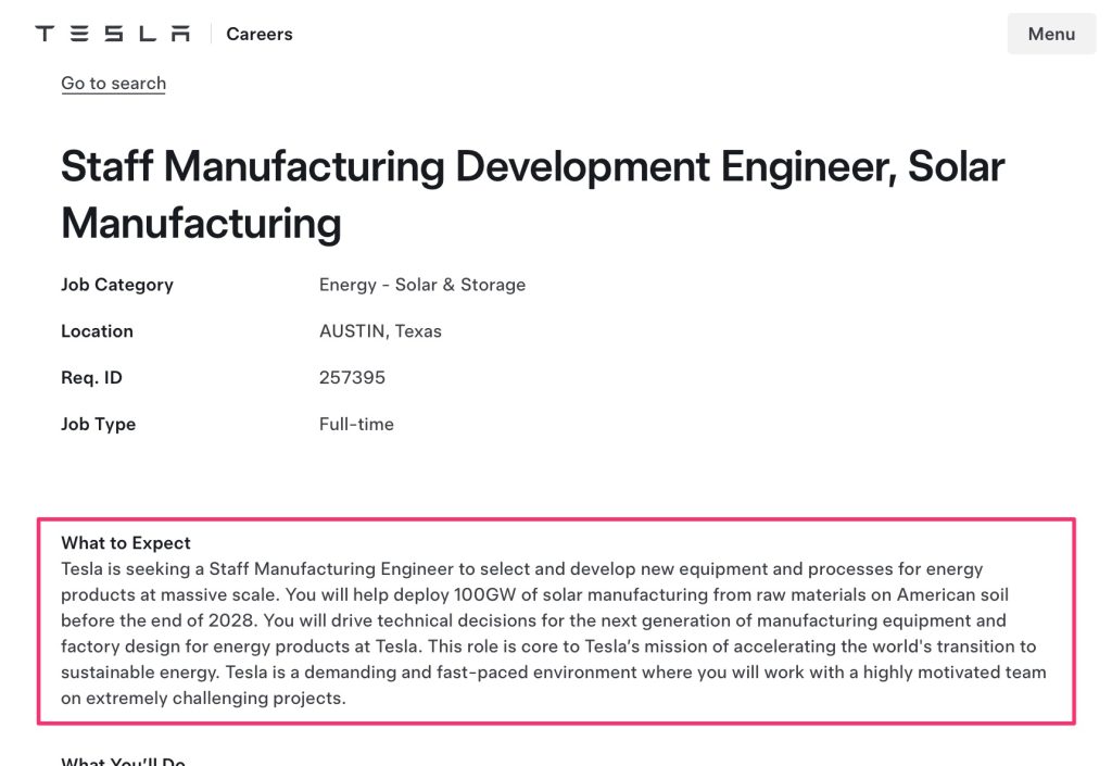 Tesla job description for Staff Manufacturing Development Engineer, Solar Manufacturing