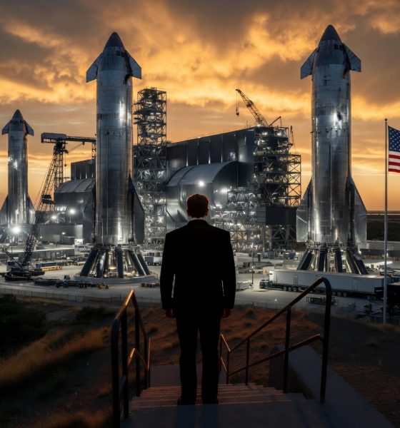 Rendering of Elon Musk overlooking a Starship fleet (Credit: Grok)