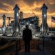 Rendering of Elon Musk overlooking a Starship fleet (Credit: Grok)