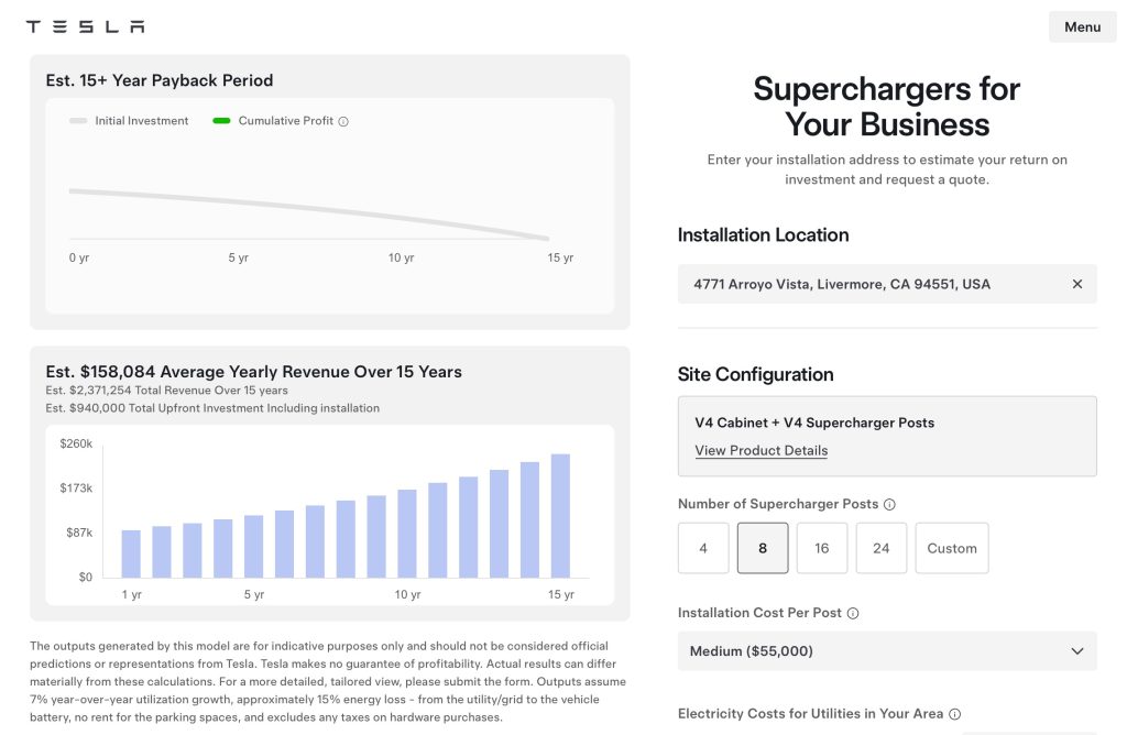 Tesla Supercharger for Business ROI calculator